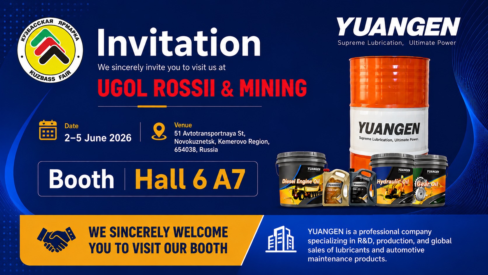 YUANGEN mining machinery lubricants displayed at UGOL Mining Novokuznetsk Russia 2026