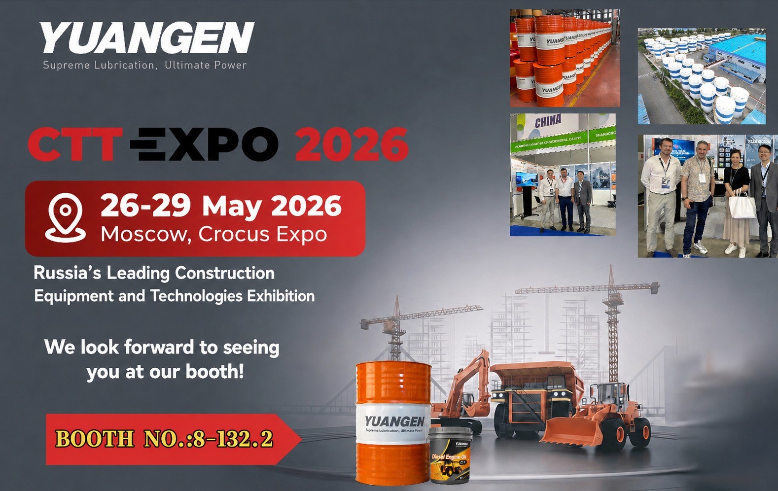Visitors consulting YUANGEN about construction machinery lubricants at CTT Expo Moscow 2026